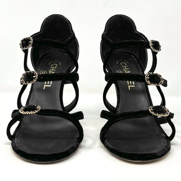 Chanel Black Velvet Patent Leather Buckle Strappy Logo Sandals – Size 37 - Picture 3 of 10